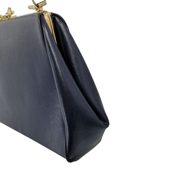 Vintage 60's Handbag Top Handle Vegan Framed Clasp Closure Midnight Blue Gold - Picture 12 of 13